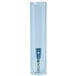 A clear plastic San Jamar water cup dispenser with a blue metal handle.
