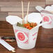 A pair of SmartServ Chinese take out containers with printed design filled with food.