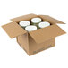A cardboard box with four white containers of B&G San-Del sweet relish with white lids inside.