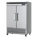 A stainless steel Turbo Air reach-in freezer with two solid doors.
