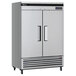 A large silver Turbo Air reach-in freezer with two doors open.