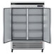 A silver Turbo Air Super Deluxe reach-in freezer with two solid doors open.