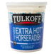 A container of Tulkoff extra hot prepared horseradish with a blue label.