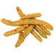 A pile of Fred's Toasted Onion Battered fried green beans on a white background.