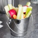 An American Metalcraft mini stainless steel pail filled with celery sticks and vegetables.