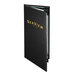 A black Menu Solutions leather-like folder with gold text on a table.