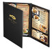 A black Menu Solutions Chadwick menu cover with gold trim and border.