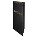 A Menu Solutions Chadwick Collection black leather-like menu cover with gold text on a table.