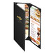 A black leather-like Chadwick menu cover with gold borders and gold leaf.