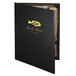 A black leather Menu Solutions booklet cover with a gold logo on it.