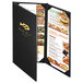 A black Menu Solutions Chadwick Collection leather-like menu cover with gold trim.