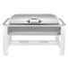 A silver metal Bon Chef induction chafer with a lid.