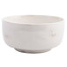 A white Oneida porcelain soup bowl with a marble pattern and brown veins.