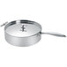 An Eastern Tabletop mirrored stainless steel saute pan with a flat lid.