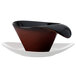 A brown and black Oneida Rustic teacup with a white saucer.