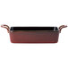 A red and black rectangular Oneida Rustic porcelain baker with handles.