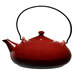 A close-up of a Oneida Rustic Crimson porcelain teapot with a metal handle.