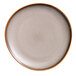 A Oneida Sama Porcelain Plate with a white surface and brown rim.