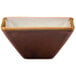A brown square Oneida Rustic Sama porcelain bowl with a white rim.
