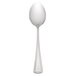 A Oneida stainless steel oval bowl soup/dessert spoon with a white handle on a white background.