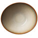 An Oneida Rustic Sama porcelain soup bowl with a white background and a brown curved line.