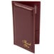 A burgundy leather Menu Solutions guest check presenter with the words "thank you" on the front.