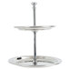An American Metalcraft stainless steel two tier display stand holding a round metal tray.