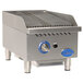 A Globe stainless steel gas charbroiler with blue controls.