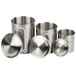 A group of Fox Run stainless steel ingredient storage canisters with lids.
