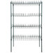 A green wire rack with four shelves.