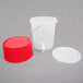 A translucent plastic container with a red lid and base.