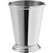 A silver stainless steel Mint Julep cup with beaded trim.