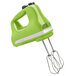 A green KitchenAid Ultra Power 5-speed hand mixer with stainless steel beaters.