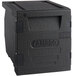 A black Cambro Cam GoBox front loading food pan carrier with black handles.