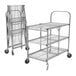 A silver metal Luxor utility cart with three shelves and wheels.