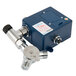 The white T&S box for a hands-free sensor faucet base with blue and white pressure valves and supply lines.