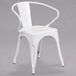 A white Flash Furniture metal chair with arms and a vertical slat back.
