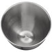 A close-up of a silver KitchenAid stainless steel mixing bowl.