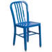 A blue metal chair with a vertical slat back.