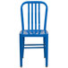 A blue metal outdoor chair with a vertical slat back.