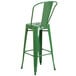 A Flash Furniture green galvanized steel bar stool with backrest.