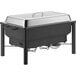 A rectangular black wrought iron chafer with a stainless steel lid.