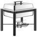 A silver Acopa wrought iron chafer with a stainless steel bowl and lid with black plastic accents.