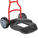 A black and red Rubbermaid hand truck dolly with wheels.
