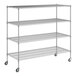 A wire shelving unit with wheels.