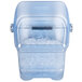 A blue Rubbermaid ice tote filled with ice cubes.