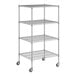 A Regency chrome wire shelving unit with four shelves and wheels.