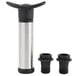 A Franmara stainless steel wine saver pump with two black stoppers.