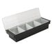 A black plastic container with four compartments.