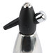 A stainless steel iSi soda siphon cap with a black handle.